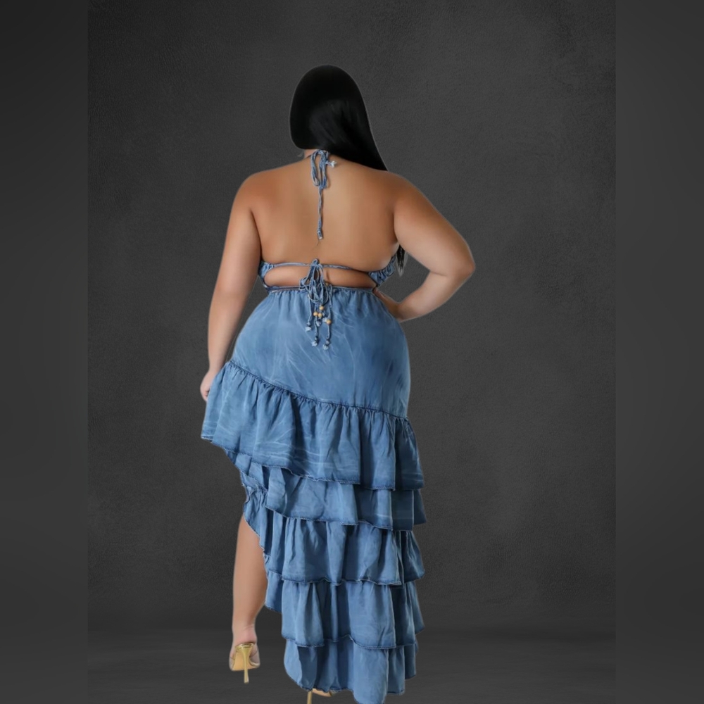 Blue Asymmetrical Ruffled Backless Jeans Plus Size - Picture 2 of 12